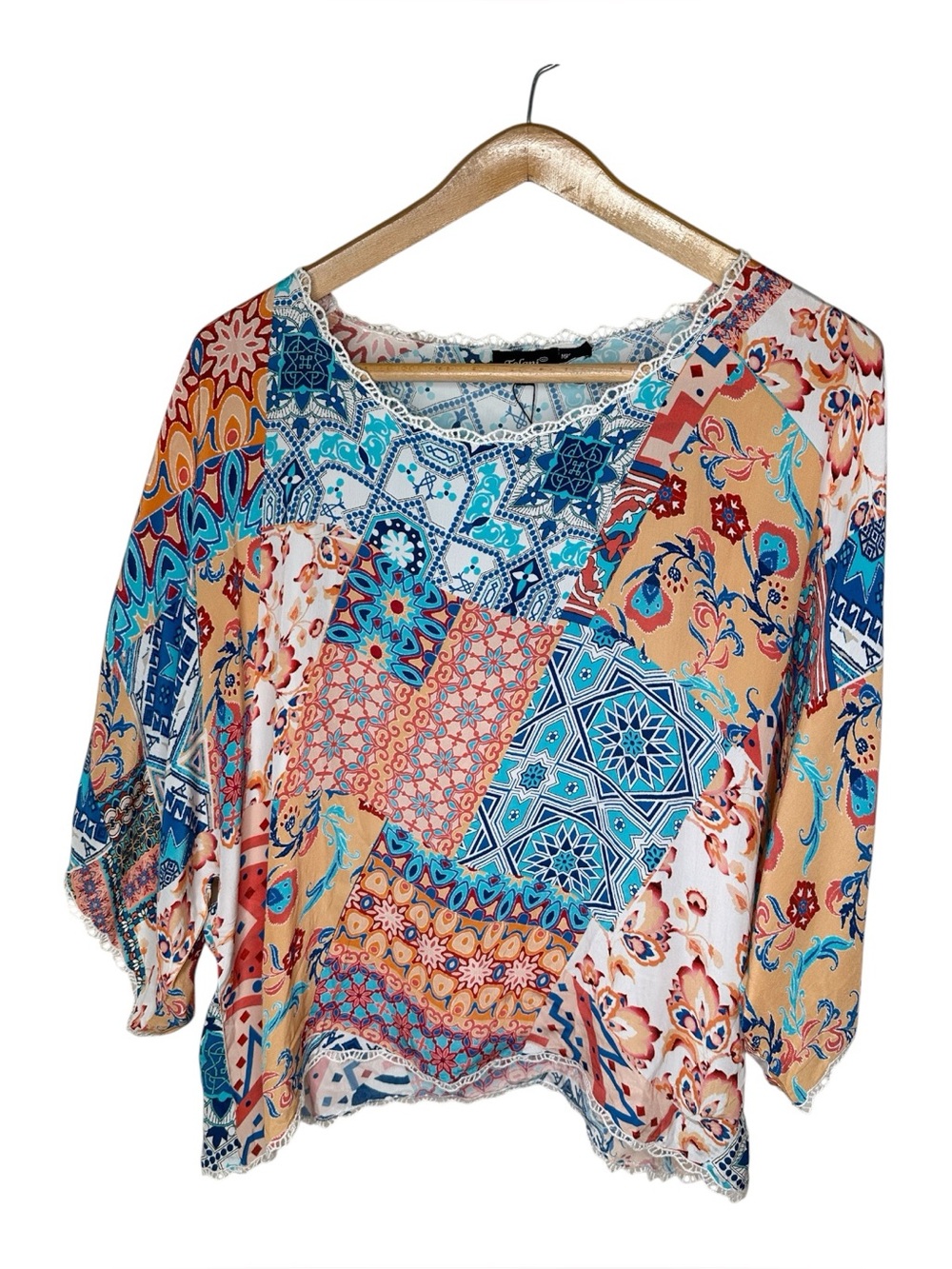 Tolani Kimono Sleeve Cupro Top Kimono Sleeve Crochet Trim Size XL Patchwork New